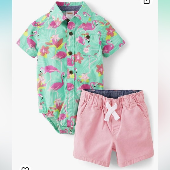 0-3m Gymboree Flamingo Button Up and Shorts Set - Picture 1 of 5